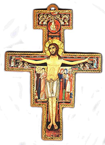 Kustom Art Cucuba Crucifijo San Damiano sobre madera multicapa impresión láser barnizada acabado nogal antiguo artesanal italiano de pared (8,5 x 6,5 x 0,5)