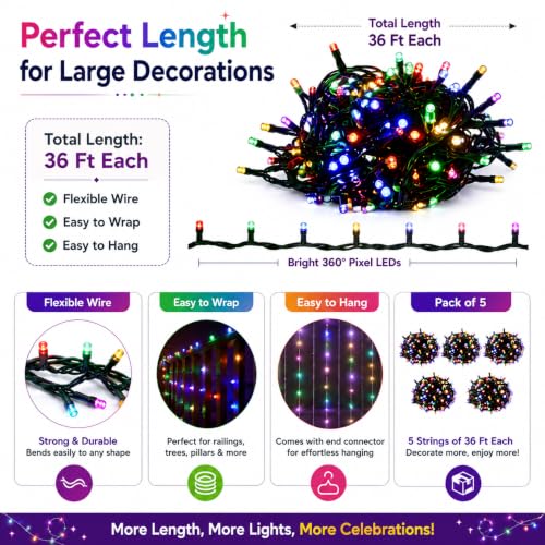 Image of Quace 36 Ft LED Pixel String Lights Pack of 5 | 360 Flexible Wire Multicolor LED Bulb Series for Diwali, Christmas, Party, Wedding & Home Decoration | Fairy Decorative Lights