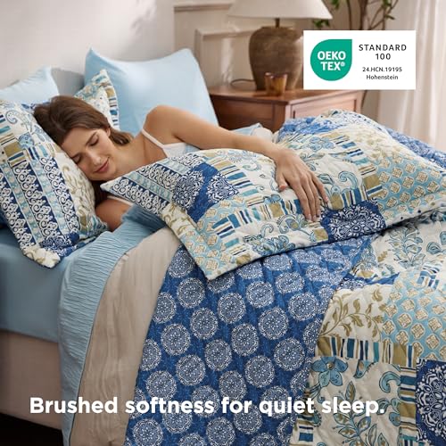 Image of Bedsure Patchwork Quilt Queen Size, Reversible Boho Comforter Bedding, Blue