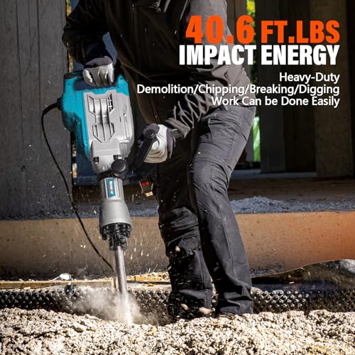 Berserker 1700W 30-Pound Demolition Jack Hammer with 1-3/16" Hex, 14-Amp Corded Electric Heavy Duty Demo Chipping Hammer Concrete/Pavement Breaker with Carrying Case Flat Chisel Bull Point Chisel