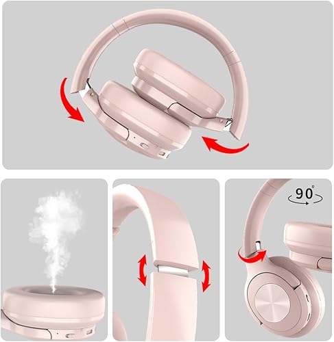 Miniatura 5 de Auriculares inalámbricos Bluetooth rosados sobre la oreja 65 horas de tiempo de reproducción, plegables, graves profundos, HiFi, estéreo,