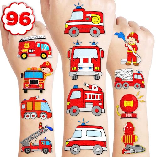 96PCS Fire Truck Pre-Cut Temporary Tattoos for Kids – Firefighter Party Favors Supplies, Emergency Vehicle Theme Decorations, Fireman Birthday Tattoo Stickers for Boys Girls Classroom Rewards