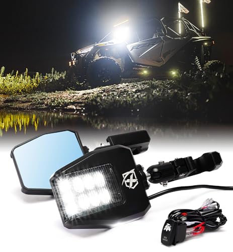Xprite UTV LED Side Rear View Mirrors Light Aluminum w/Puddle Lights Fits 1.75-2 Inch Roll Cage Bar for Polaris RZR Pioneer SXS Can-Am X3 Kawasaki Teryx Mule Yamaha Rhino Wolverine