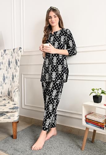 Image of Amazon Brand - Tavasya Women Cotton- Rayon Printed Kurti with Pant Co-Ord Set | Soft Comfortable Straight Fit Ethnic Kurta Set | 3 /4 Sleeves V-Neck Daily, Office & Casual Wear