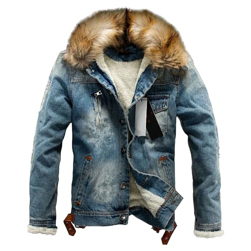 Mens Denim Jacket Plus Cotton Warm Fur Collar Sherpa Lined Denim Coat Vintage Fleece Cowboy Jean Jackets