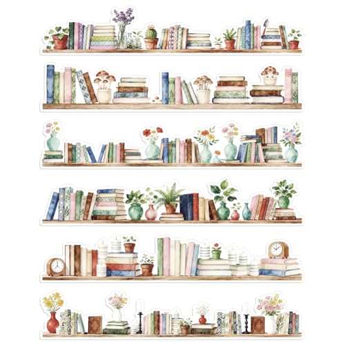 arricraft 90 Pcs 103 Ft Boho Bookshelf Bulletin Board Decoration, 6 Styles Potted Plant Border Trim Sticker for Teacher School Office Supplies Classroom Door Wall Decor