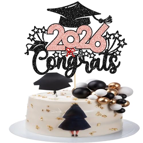 Gyufise 1Pc Congrats 2026 Cake Topper Glitter 2026 Graduation Decorations Class of 2026 Grad Cap Diploma Cake Pick for College 2026 Graduation Party Cake Decorations Rose Gold