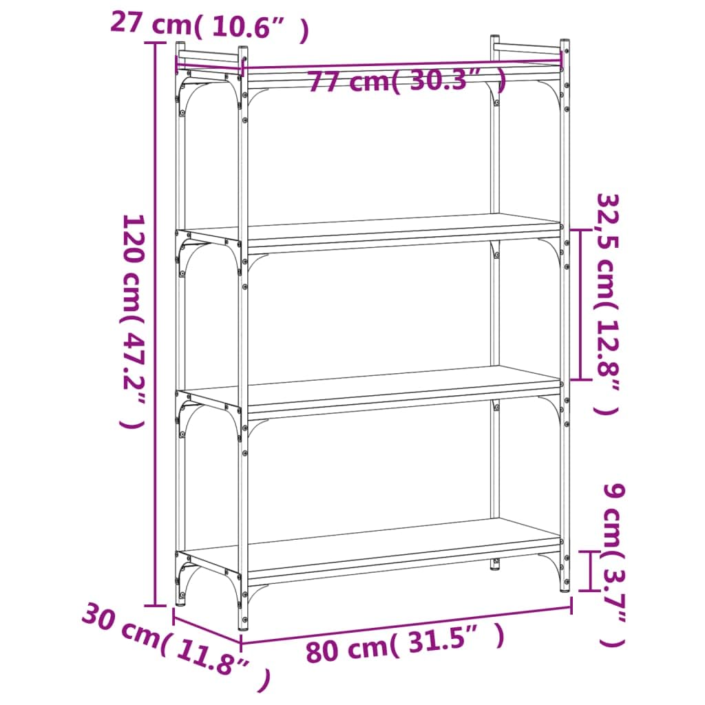 Librería 80 x 30 x 120 cm, aspecto de roble marrón con marco de metal y 4 niveles, estantería de pie para salón, pasillo, dormitorio, diseño moderno para decoración de libros
