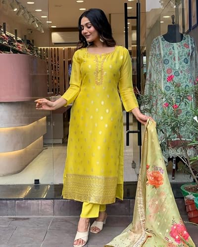 Image of Women's Viscose organza Solid 3 /4 Sleeve Round Neck Embroidered Kurta, Pant and Dupatta-Lemon-yellow-JT-045