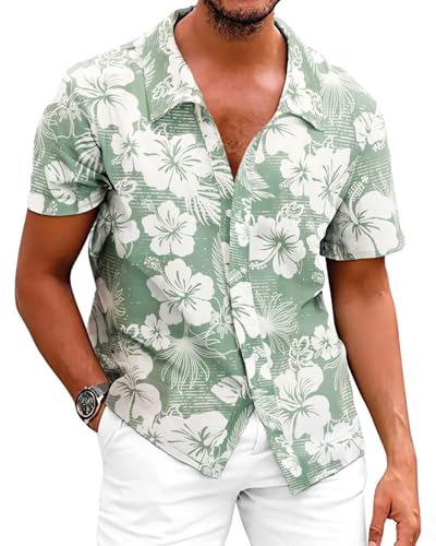 LAOARA Chemise Hawaienne Homme a Fleur Manches Courtes Ete Festival Chemisette Col V Leger Boutons Tenue Vert XL