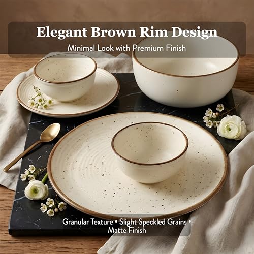 Image of Miah Decor Ceramic Dinner Set - 14-Piece Handmade Stoneware | 4 Bowls, 4 Quarter Plates, 4 Dinner Plates & 2 Serving Bowls | Off White Ribbed Matte Finish | Microwave & Dishwasher Safe | Ideal Gift