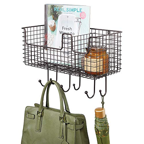 mDesign Metal Wire Farmhouse Wall Decor Storage Organizer Basket with 6 Hooks for Entryway Hallway Mudroom Bedroom Bathroom Laundry Room - Wall Mount - Bronze