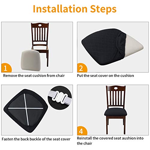 Fuloon 4 6 Pack Stretch Jacquard Chair Seat Covers,Removable Washable Anti-Dust Dinning Room Chair Seat Cushion Slipcovers (6, Black)
