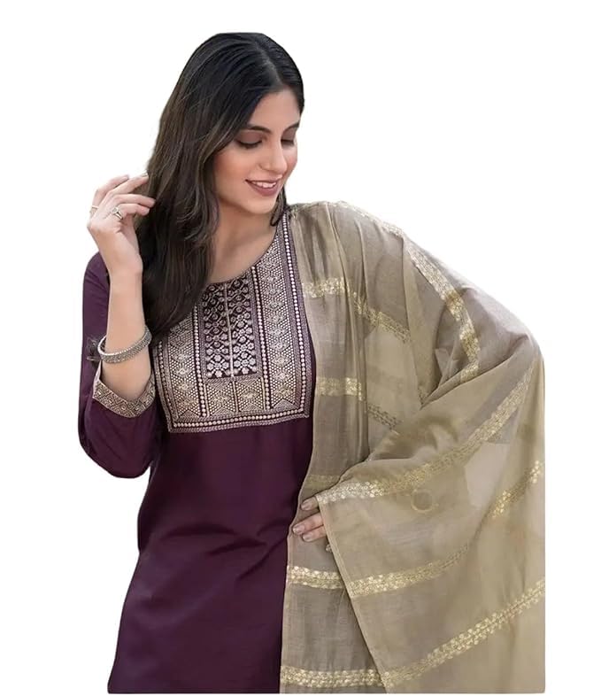 Women Solid Straight Kurta Pant Set with Embroidered Yoke, Purple with Beige Dupatta (IN, Alpha, M, Regular)