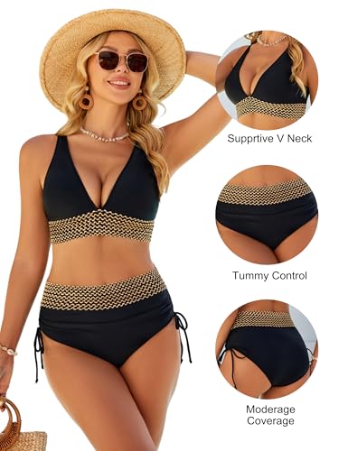 Image of Blooming Jelly Women High Waisted Bikini Sets Tummy Control Swimsuits Color Block Two Piece Drawstring Bathing Suit