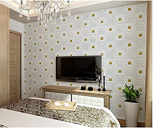 Image of POZET 3D Brick Wallpaper PE Foam self Adhesive Brick Design Wall Stickers /DIY Wallpaper for Home Hotel Living Room Bedroom Cafe Deco (70 x 77 cm) (White and Gold) Pack of 2