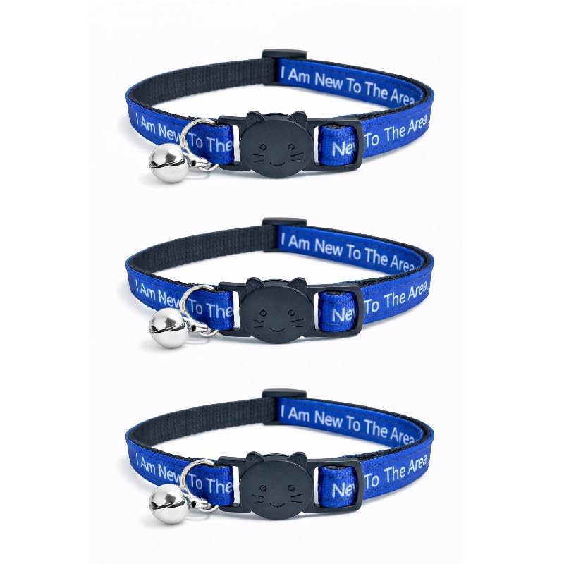 Worded Cat Collars with Bell – Please Do Not Feed Me, I Am Microchipped | Safe Quick Release Breakaway Buckle | Zacal Cat Collars (4. Blue, I Am New To The Area, Pack of 3) — image 1