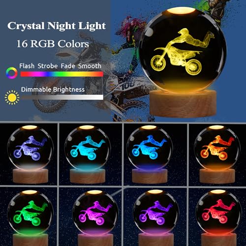 Image of Dirt Bike Night Light, Dirt Bike Gifts, 3D Crystal Ball Dirt Bike Lamp with Remote Upgraded 3.15 Inch with 16 Color for Birthday Xmas Cool Figurines Motor Bike Gifts for Room Decor Boys Girls