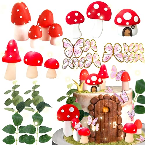 JeVenis Red Mushroom House Cake Decoration Fairy Cake Toppers Fairy Garden Theme Cake Topper with Butterflies and Green Leaves for Fairy Party Birthday Baby Shower
