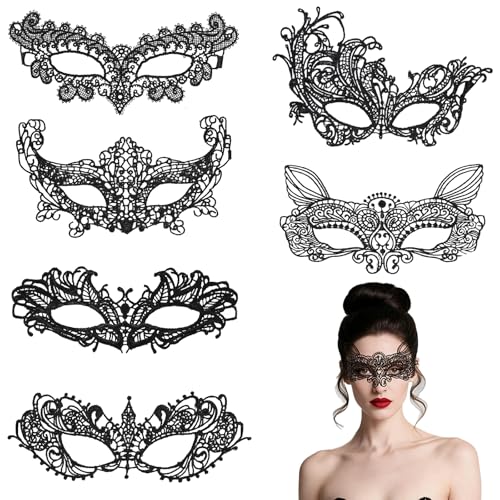 Wolkstello 6 Stück Maskerade Maske,Spitze Maske Schwarz,Spitzenmaske Venezianisch,Schwarz Sexy Damen Lace Augenmaske,Spitze Augenmaske für Halloween...