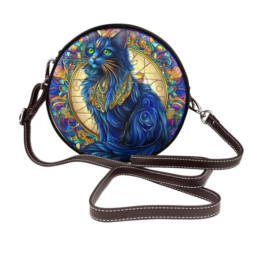 Stained Glass Cat With Blue Fur Green Eyes Women Round Crossbody Bags Leather Sling Bag Purse