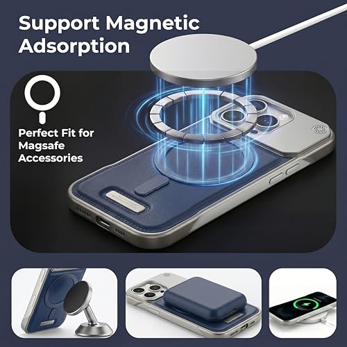 Image of Frameless Metal Case Compatible with MagSafe Luxury Aluminum Frame with PU Leather Finish Magnetic Ring with Wireless Charging Shockproof Premium Slim Case (Blue, iPhone 11)