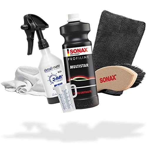 detailmate Set di pulizia per interni Sonax: ProfiLine MultiStar + spazzola in tessuto e pelle + misurino + flacone spray da 0,5 l + guanto di precisione + spugna per insetti + panno in microfibra