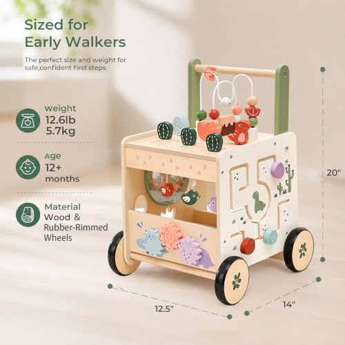 Image of Wooden Baby Push Walker with Activity Center Montessori Toy 12M+ | 6 in 1 bead maze shape sorter Toddler Learning Toy, Adjustable Height & Speed, Sensory hand-on games, Gift for boys & girls