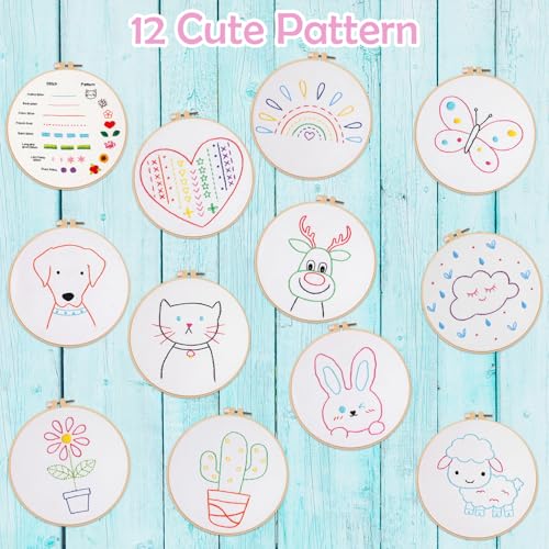 Image of Louise Maelys 12 Pre-Stamped Embroidery Kits for Beginners, Cross Stitch for Kids Girls,DIY Needlepoint Craft Sewing,Practice Kit Supplies,Funny Cute Pattern,Perfect for Ages 8-12