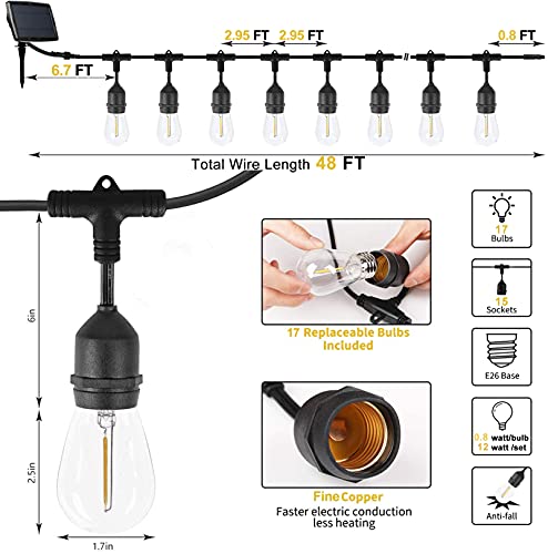 Meidaoduo Solar String Lights Outdoor Led 48Ft Patio Lights Waterproof With 17 Shatterproof Bulbs(2 Extra) For Indoor Outdoor Party Pergola Gazebo Balcony Decor Soft White Light #TOP2