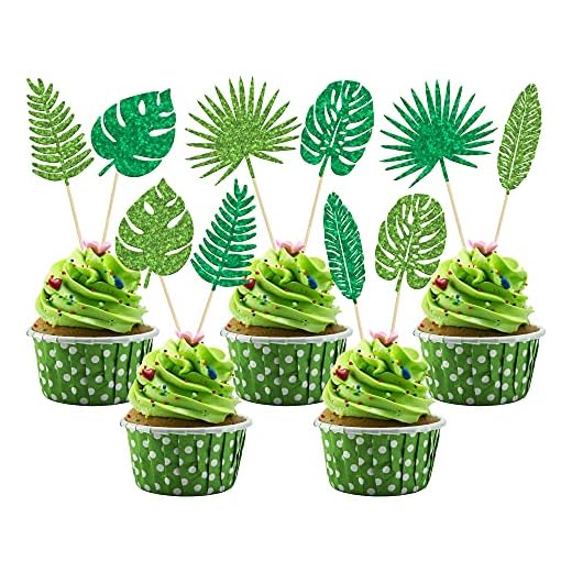 Gyufise 30 Pack Tropical Palm Leaves Cupcake Toppers Green Glitter Tropical Cake Decorations Hawaii Luau Cupcake Picks for Plant Leaf Summer Tropical Theme Birthday Party Cake Decorations Supplies …