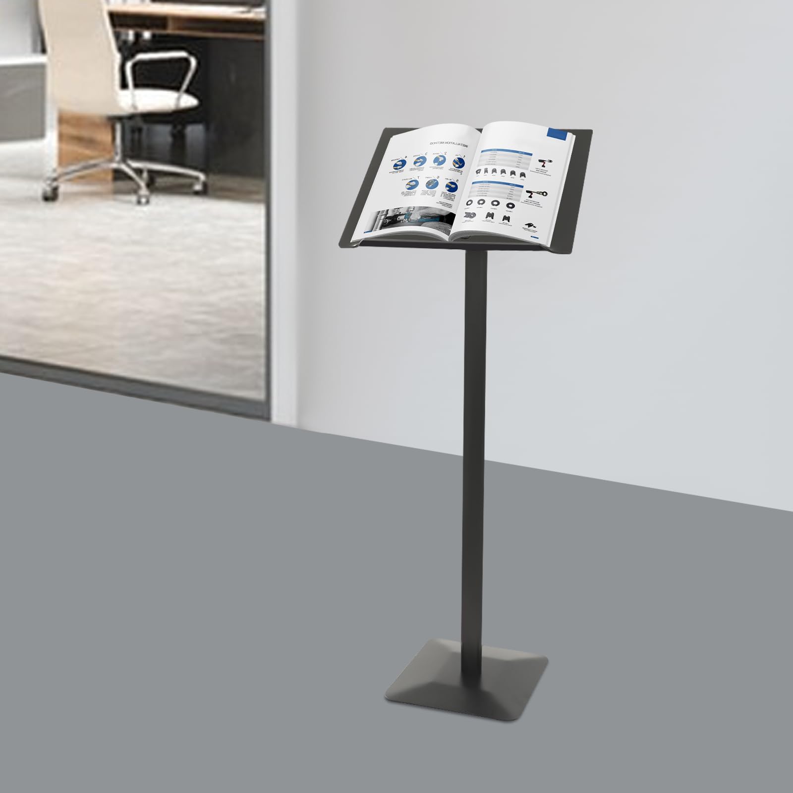 Soporte de información con base firme antideslizante que evita el deslizamiento, soporte de metal ajustable, adecuado para menús, carteles y anuncios. Dimensiones: 49 x 35 cm