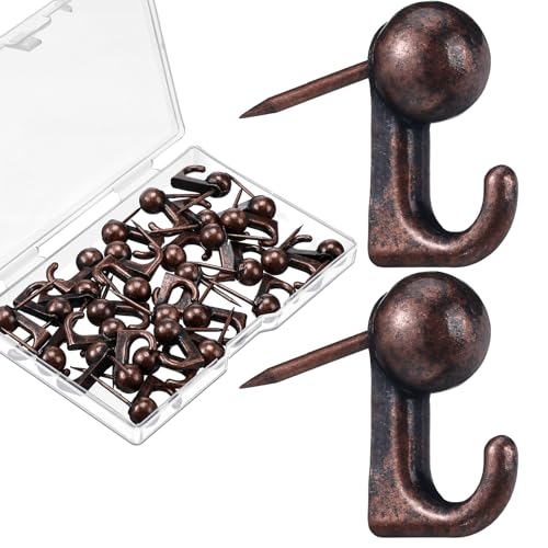 Image of Jetec 30 Pieces Metal Push Pin Hangers Pin Wall Hooks Picture Hanging Picture Nails Frame Oil Painting Hooks on Wooden or Fabric Wall for Home or Office (Bronze)