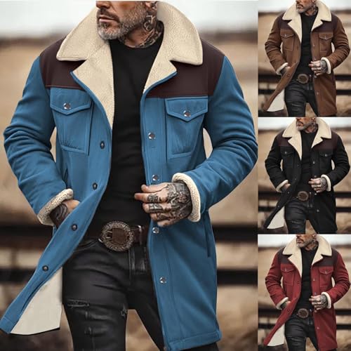 Cambkatl Men's Sherpa Lined Suede Patchwork Winter Vintage Cargo Jacket Button Down Long Sleeve Military Coat Outerwear2