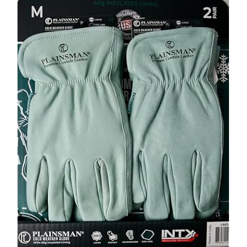 Plainsman Cold Weather Work Gloves, Fleece Lining, Premium Cowhide Leather, Medium, 2 Pairs Cover