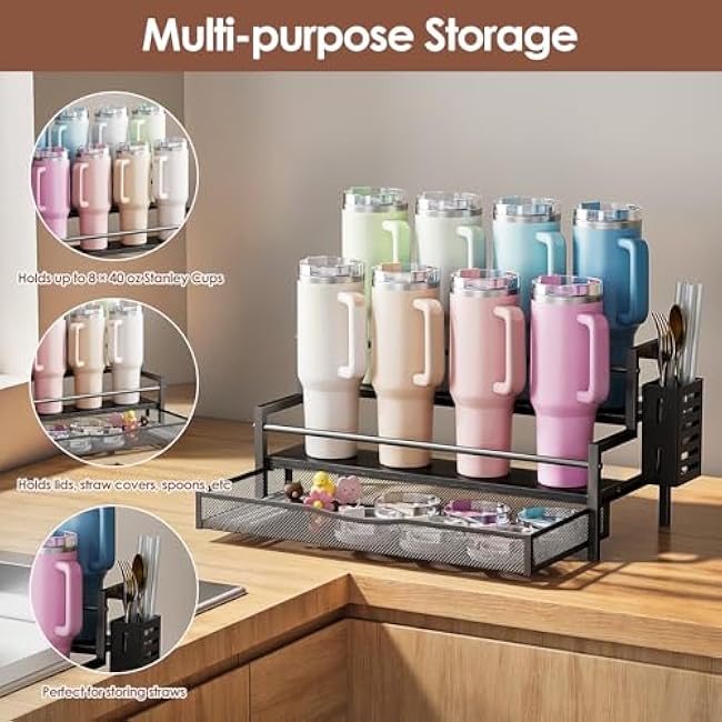 Water Bottle Organizer for Full Stanley 40 oz Tumbler with Handle, 2 Tier Tumbler Organizer for 8 Cups, Kitchen Pantry Organizers and Storage for Owala Stanley Cup Accessories, Black