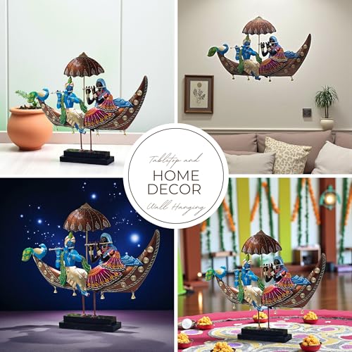 Image of KRAFTSKALA Radha Krishna on Boat Showpiece - 2-in-1 Wall Hanging & Tabletop Iron Metal Decor with Wooden Base | 22 Inch Handcrafted Figurine for Living Room, Diwali Gifting