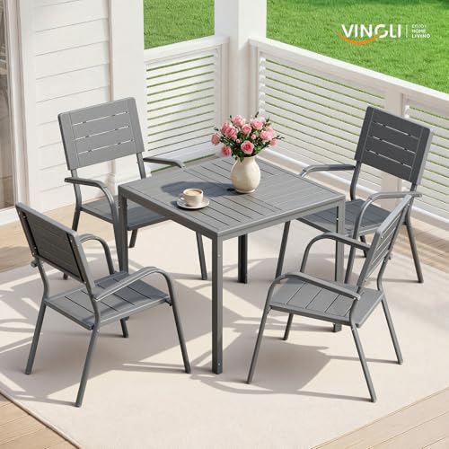 Image of VINGLI Outdoor Patio Dining Set,5 Piece Square Table Patio Furniture Set,HDPE All-Weather Material Outdoor Dining Table and Chair for Garden, Backyard, Poolside,Grey