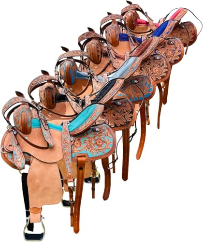 RESISTANCE Western Adult Barrel Saddle with Unique Tooling & Tackset (Navy, 15")