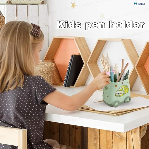 Image of FunBlast Pen Stand for Study Table, Car Stationary Organizer with Kawaii Stickers, Pen Stand for Kids & Girls, Desk Organizer, Birthday Return Gifts for Kids (Sea Green)
