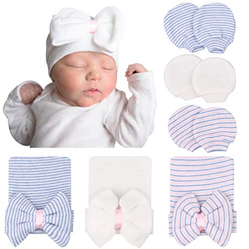 DRESHOW BQUBO 3 Pack Newborn Hospital Hat and Mittens Infant Baby Beanie with Bow Soft Cute Knot Nursery Cap
