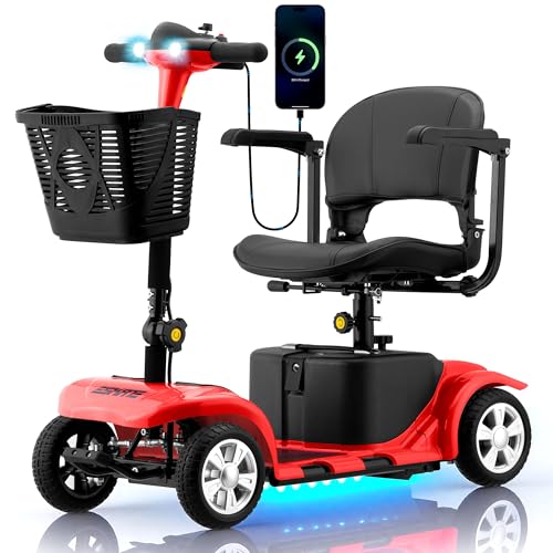 Mobility Scooter for Adults, Senior, Skmc 4 Wheels Electric Powered Chargeable Device for Travel, Lightweight and Portable, with LED Headlights and Basket, Charger Included, Red/Blue (RED red)