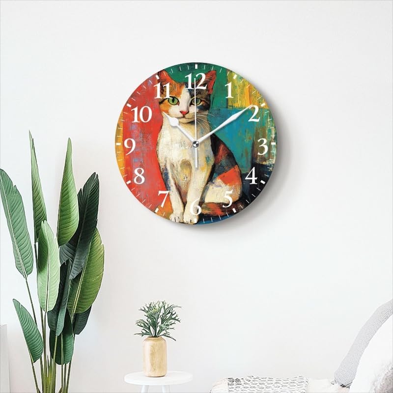 Battery Operated Round Wall Clock Non-Ticking Silent Analog Clcok Decorative for Living Room,Office,Kitchen-Colorful Cat Beautiful 1(16inch)