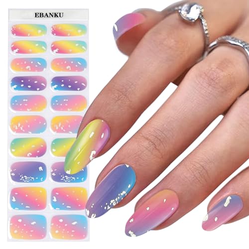 EBANKU 20PCS Semi Gel Nail Strips,Gradient Rainbow Color Gel Nail Stickers Long Lasting Gel Strips for Nails UV Gel Nail Stickers with Nail File & Wooden Stick for Women Manicure