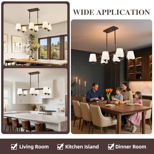 Image of Dining Room Light Fixture Chandelier Over Table,6 Light Kitchen Island Lighting Hanging for Farmhouse Linear Chandeliers Oil Rubbed Bronze Rustic Ceiling Pendant Light with Frosted Glass Shade