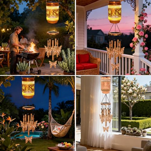 Image of 2 Pack Butterfly Solar Wind Chimes for Outside, Gifts for Mom Women Grandma Birthday Memorial Teacher, 32 inch Windchimes Outdoor Decor Hanging Solar Lantern for Garden Porch Patio Backyard