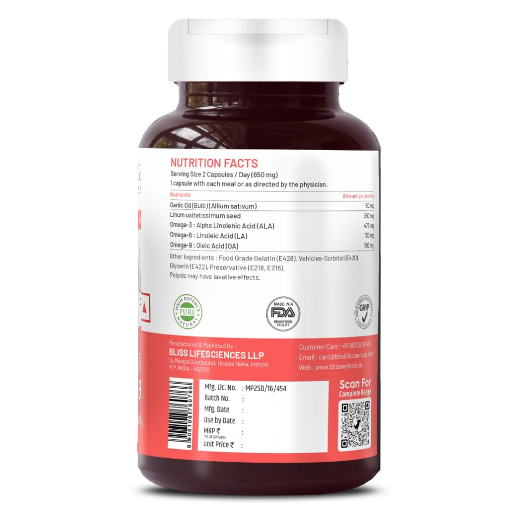 Bliss Welness Organic Garlic Oil + Omega 3 6 9 | Cholesterol & Lipid Profile Management Immunity Boost Heart Health Antioxidant | Cold Pressed Health Supplement - 60 Softgel Capsules