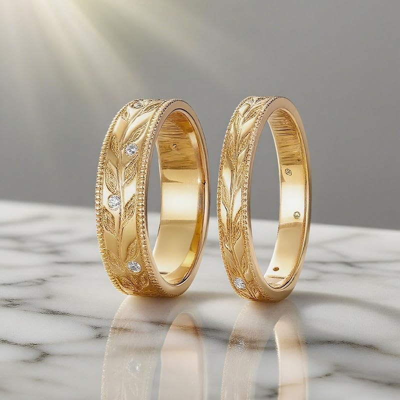 10K 14K 18K Gold Leaf Design Couple Wedding Bands His and Hers Wedding Bands with Moissanites/Diamonds Couple Promise Anniversary Ring Size 3-16