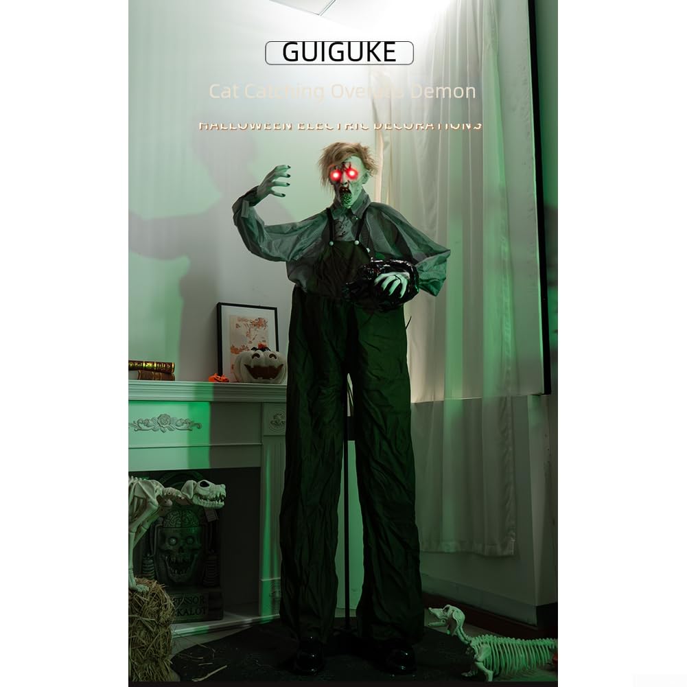 Zombi animado de Halloween con sensor de movimiento, figura de terror de cabeza giratoria de 190 cm de alto, ojos brillantes y efectos de sonido espeluznantes, tamaño real para decoración de patio al
