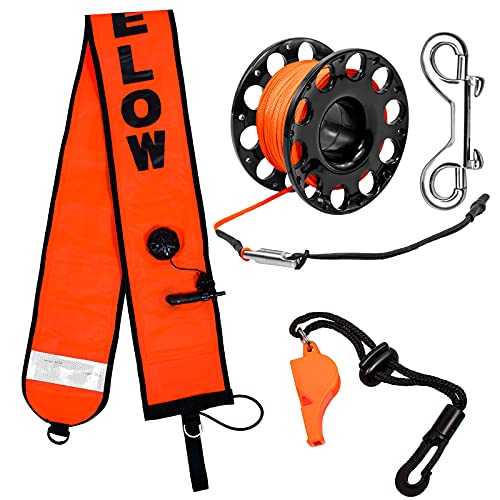 5ft-Scuba-Diving-Surface-Marker-Buoy-SMB-Safety-Sausage-with-Plastic-98ft-Finger-Spool-Reel-and-Double-Ended-Hook-Clip-Emergency-Whistle-for-Underwater-Diving